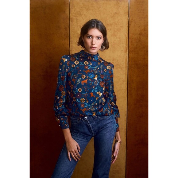 Soi Paris Blue Blouse Victoire Jaipur Mon Amour Sezane Style Sz 44, L-XL - Picture 2 of 16